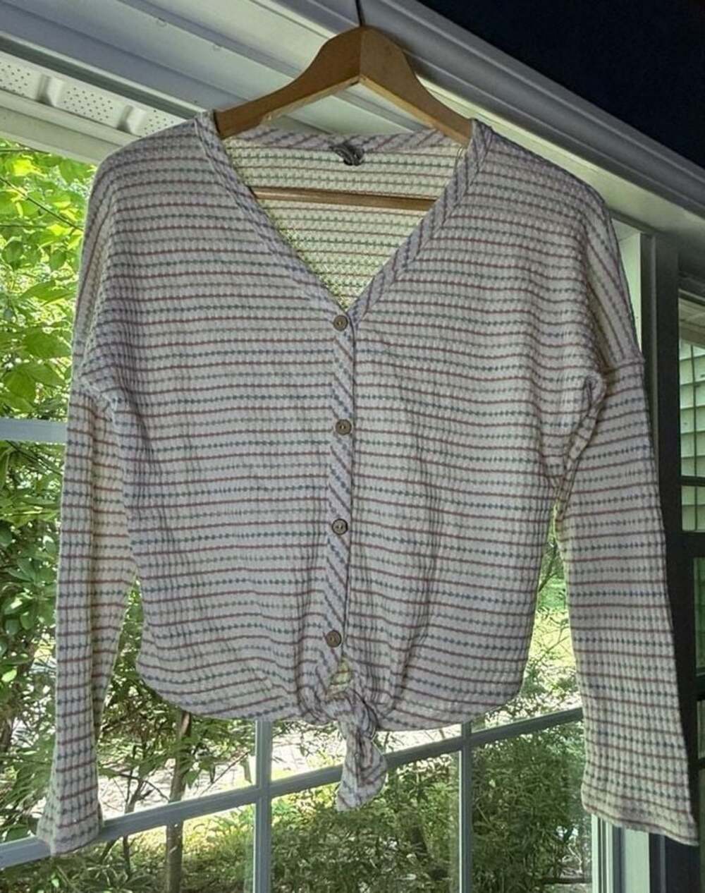 Paper Crane Women's Waffle Knit Long Sleeve Button-Down Tie-Front Cardigan Top